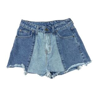West Fade Denim Shorts Womens Size 27 Blue Patchwork Raw Hem Boho Festive Casual